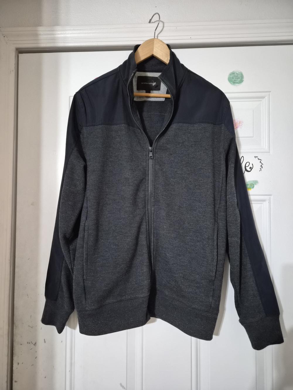 Banana Republic Men's Charcoal and Black Zip-Up Sweater Jacket
